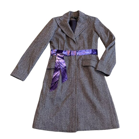 Etcetera Purple Wool Silk Blend Knee-Length Coat Jacket Velvet Bow Tweed Size 4 - Picture 1 of 11